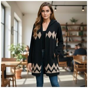 Project Women’s Open Front Cardigan With Hood. Navy, Off-White. XS